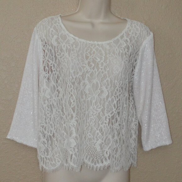 Sz 4 Loyd/Ford White Lace Top Contrast Sequin 3/4 Sleeve Blouse Top - Picture 1 of 7